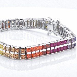 925 Silver Double Rainbow Sapphire Tennis Bracelet